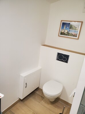 A small, clean bathroom with a white toilet, a cabinet, and a framed picture on the wall.