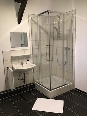 Shower, towels, soap, toilet paper