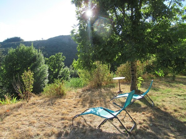 Two green lawn chairs under a tree with a table, surrounded by dry grass and greenery, with hills in the background.