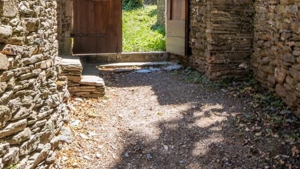 Un arc en pierre rustique qui mène à une porte en bois, le tout entouré de verdure.