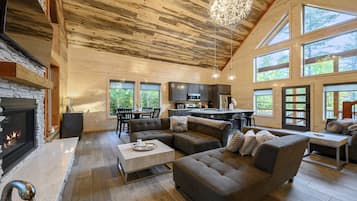 Smart TV, fireplace, foosball