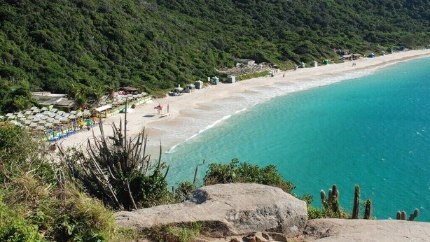 Uma praia com águas turquesa cristalinas, uma faixa de areia e colinas verdes exuberantes ao fundo.