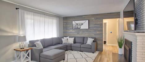 Una Smart TV, una chimenea, libros