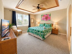 A bedroom with a bed, a television, a chair, a nightstand, and a ceiling fan.