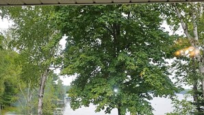 A lakeside view with picnic tables, a stone fireplace, and a dock extending into the water. - Butler's Bay Teal Lake Cabin (Hayward)