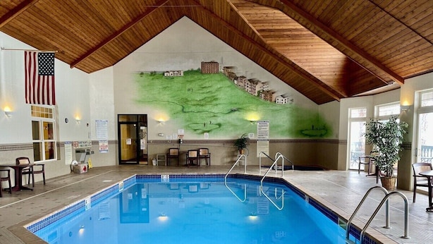An indoor swimming pool with a wooden ceiling, a mural of a landscape, and a flag. - Unit 312 1 BD/ 1 BA Condo (Birchwood)