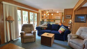 House, Multiple Beds, Patio | Living area | 32-inch TV with cable channels, fireplace