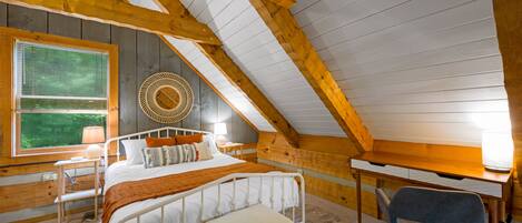 1 bedroom, desk, iron/ironing board, travel cot