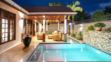 Outdoor pool, pool umbrellas, pool loungers