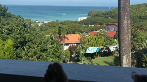 Vista desde un balcón sobre una zona costera con cielo despejado, un faro y abundante vegetación.