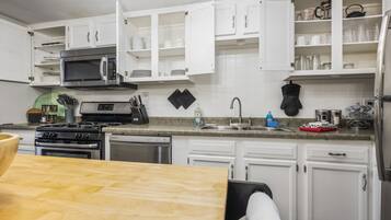 A modern kitchen with white cabinets, a microwave, stove, and a sink.