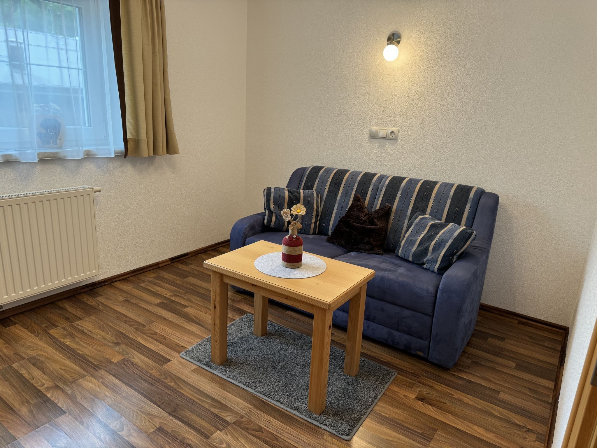A cozy living room with a blue sofa, a small wooden table with a vase, and a radiator on the wall.