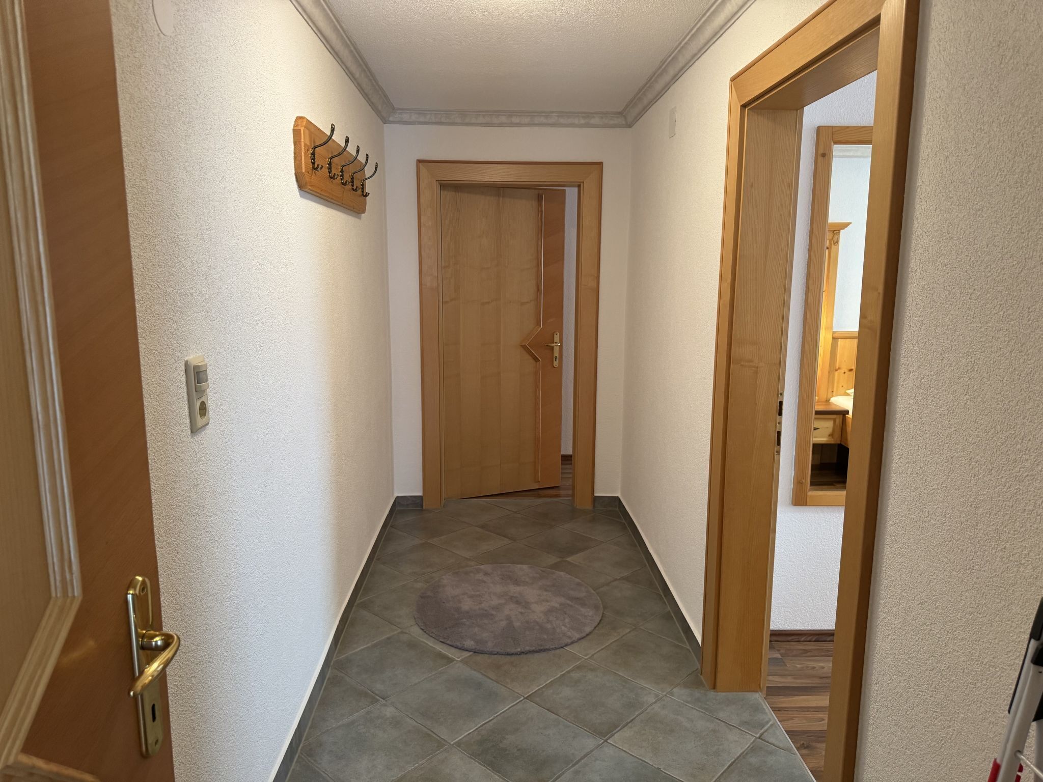 A hallway with a wooden door, a coat rack, and a small rug on the floor.