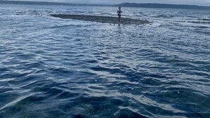 A person standing on a rocky outcrop in a body of water with a distant shoreline and a cloudy sky. - Comfortable Cul de Sac Edmonds Retreat (Edmonds)