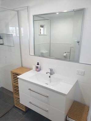 Dusche, Haartrockner, Seife, Toilettenpapier
