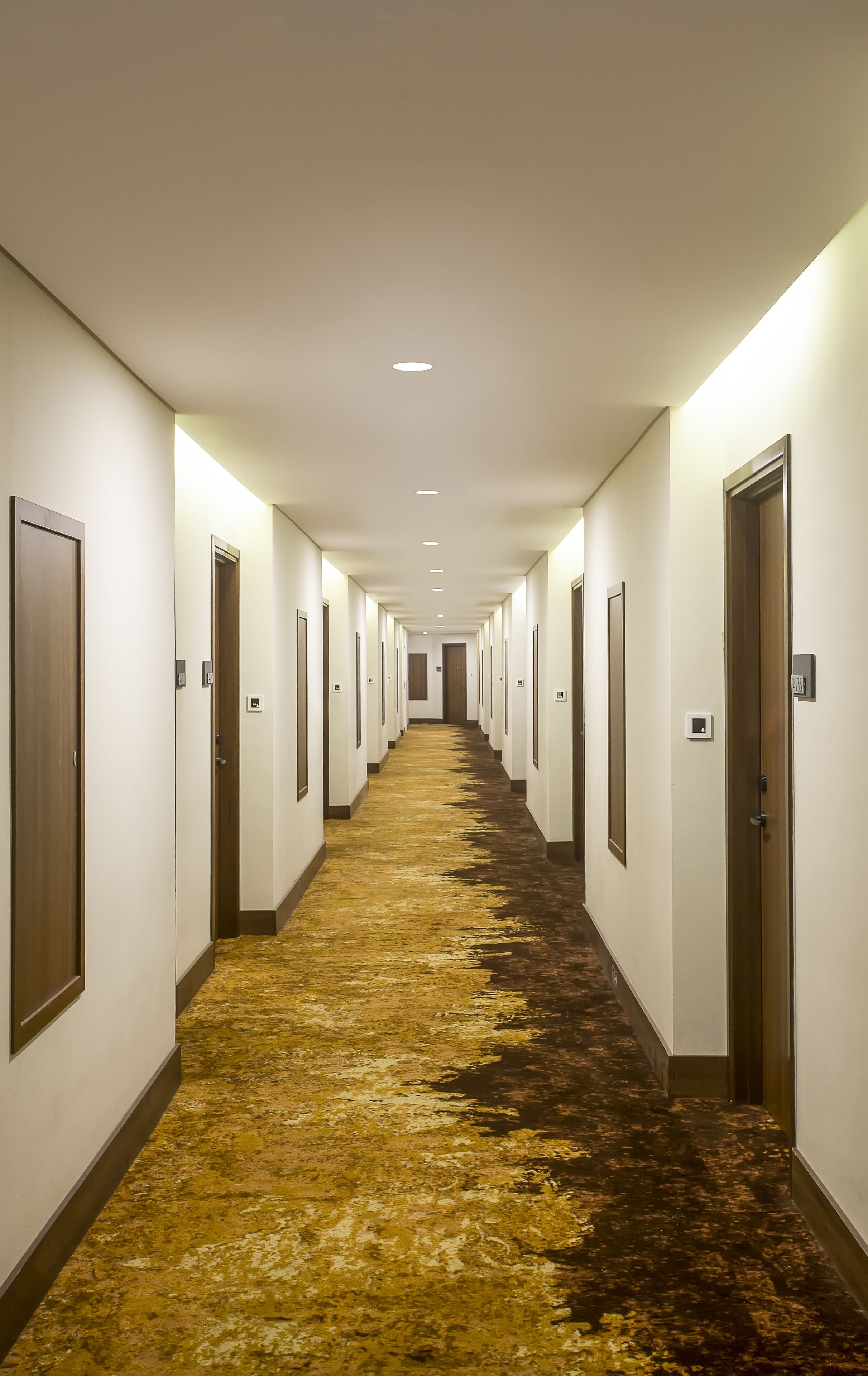 A long, narrow hallway with doors on both sides, recessed lighting, and a patterned carpet.