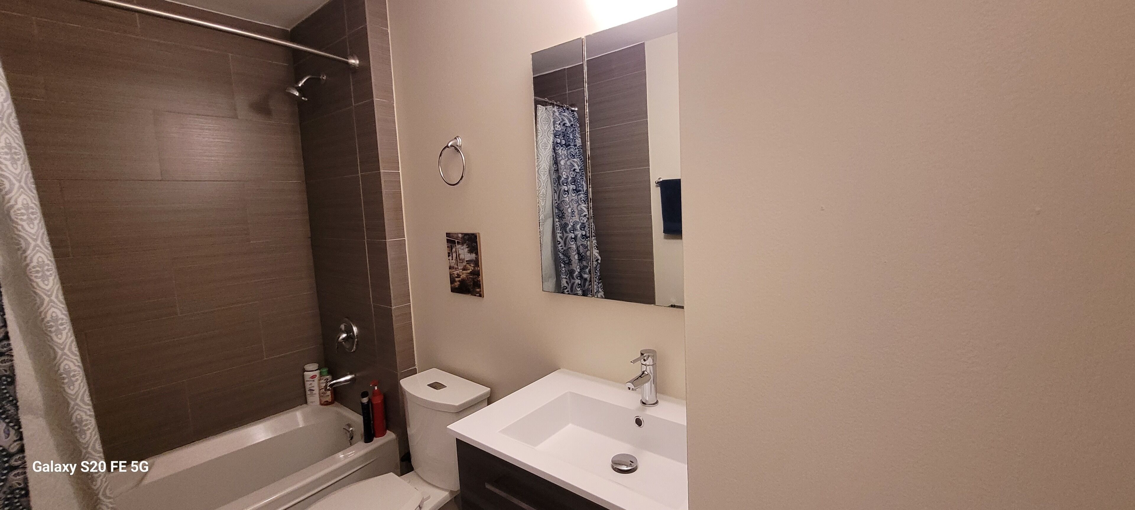 Combined shower/bathtub, hair dryer, towels, soap