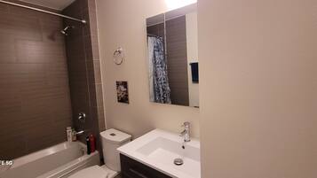 Combined shower/bathtub, hair dryer, towels, soap