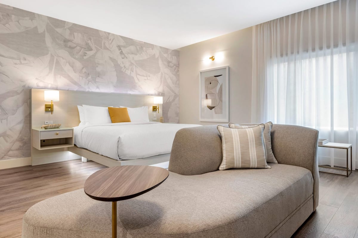 Una habitación de hotel moderna con una cama, un sofá, una mesita y una mesita de noche.