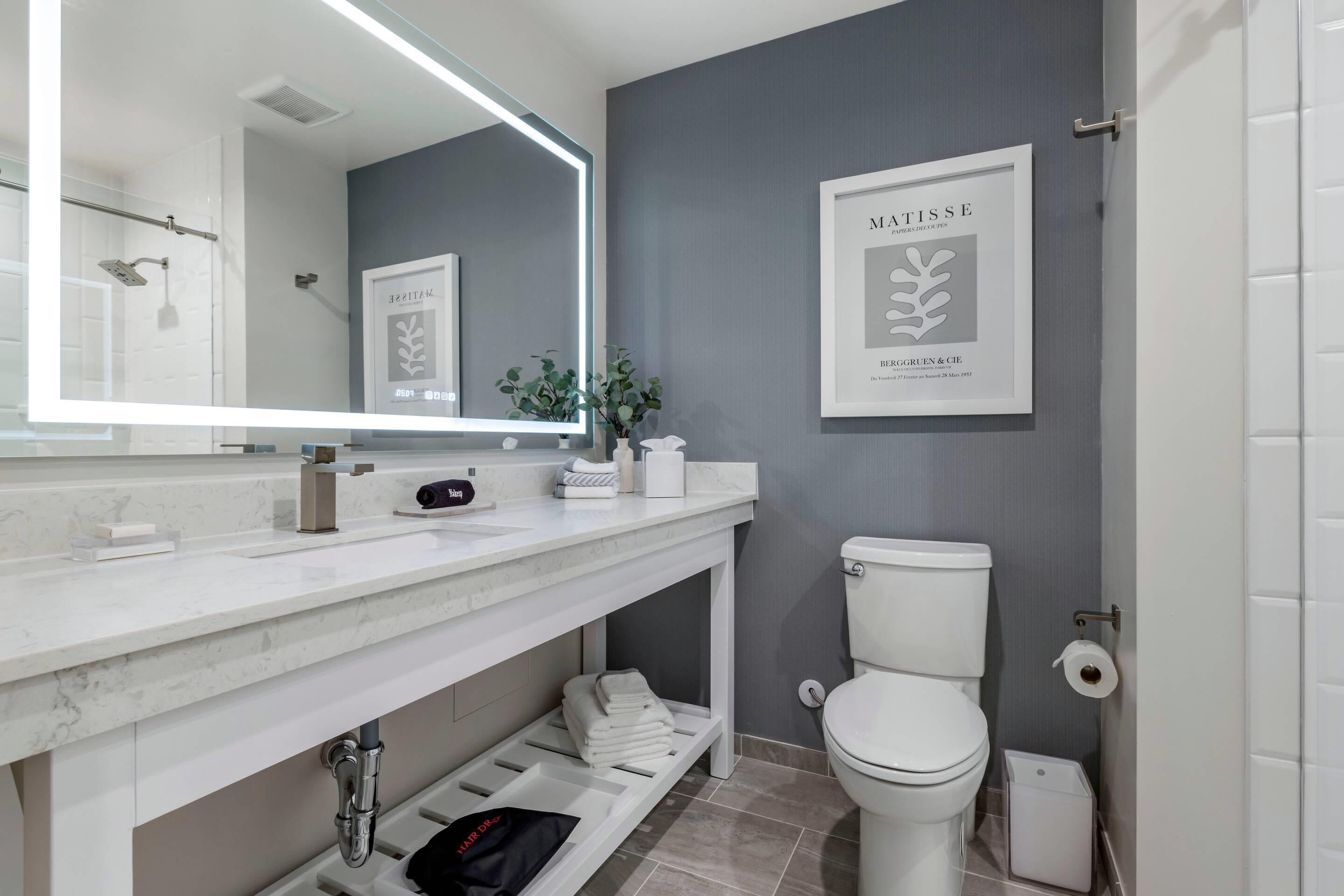 A modern bathroom with a white sink, a large mirror, a framed artwork, and a toilet.