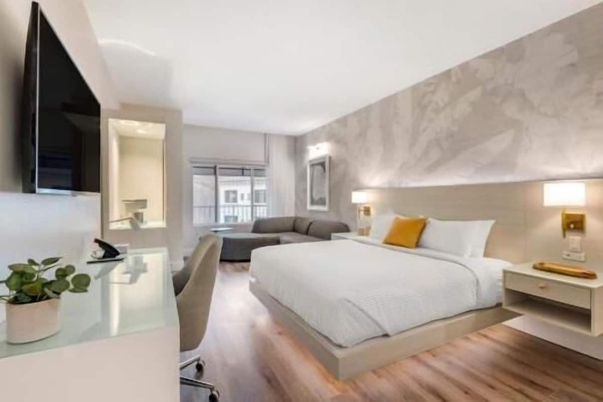Una habitación de hotel moderna con cama, mesitas de noche, un espejo y una planta en maceta.