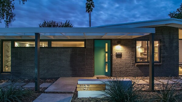 Front of property - evening/night - Mid-century Modern W/backyard Oasis, Putting Green (Phoenix)