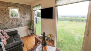 A living room with a stone wall, a flat-screen TV, a bottle of Prosecco, and a view of a grassy yard. - Shepherds Hut (Rugeley)