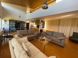 Televisie, een open haard en een tafeltennistafel