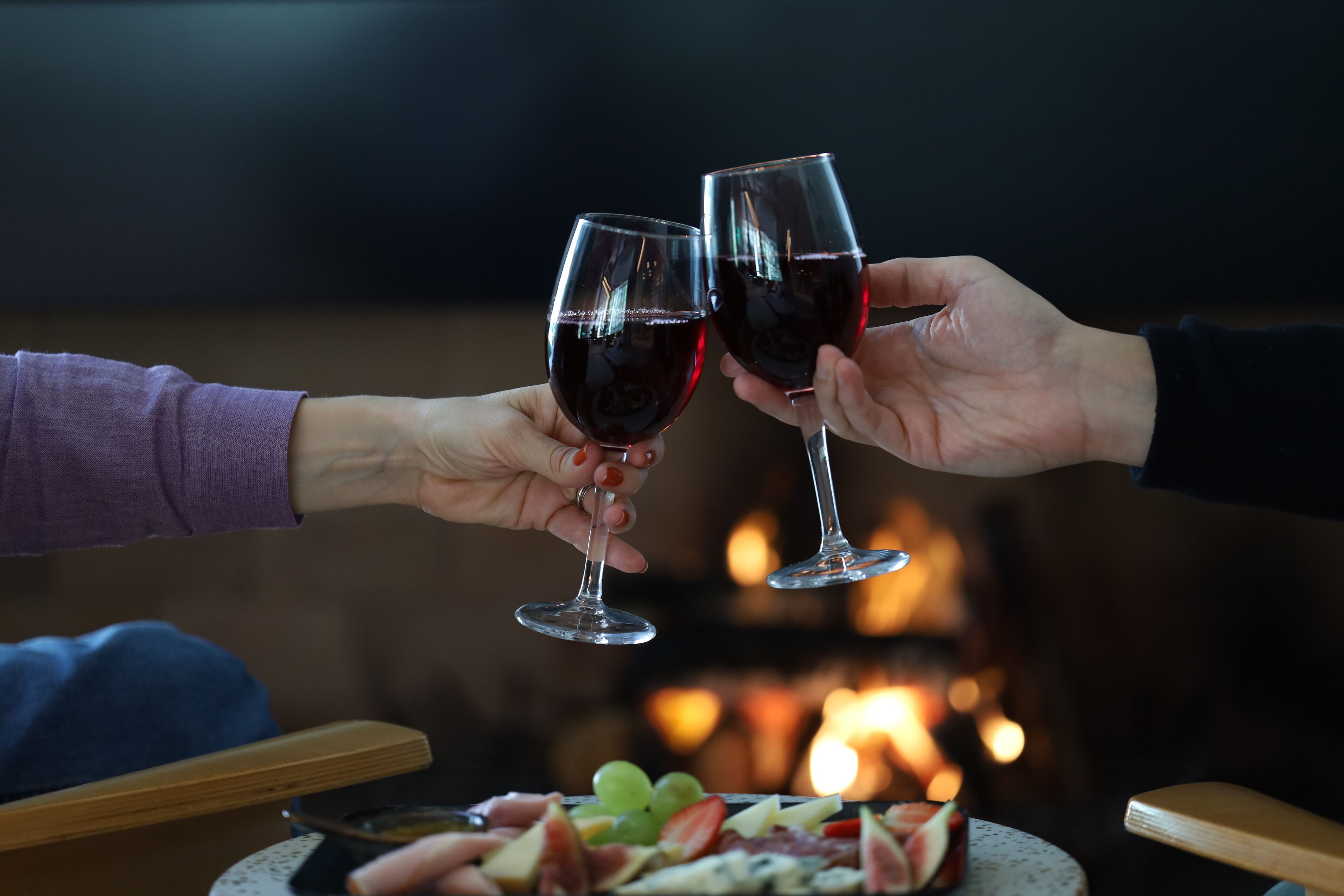 Dos personas brindando con copas de vino, un plato de queso y uvas, y una chimenea al fondo.