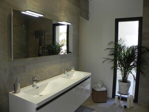 Douche, séchoir à cheveux, papier de toilette