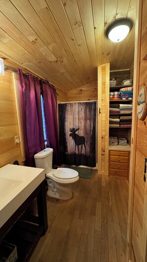 Douche, sèche-cheveux, serviettes fournies, savon