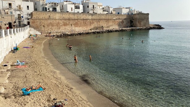 Una playa con aguas cristalinas, una orilla arenosa y edificios al fondo.