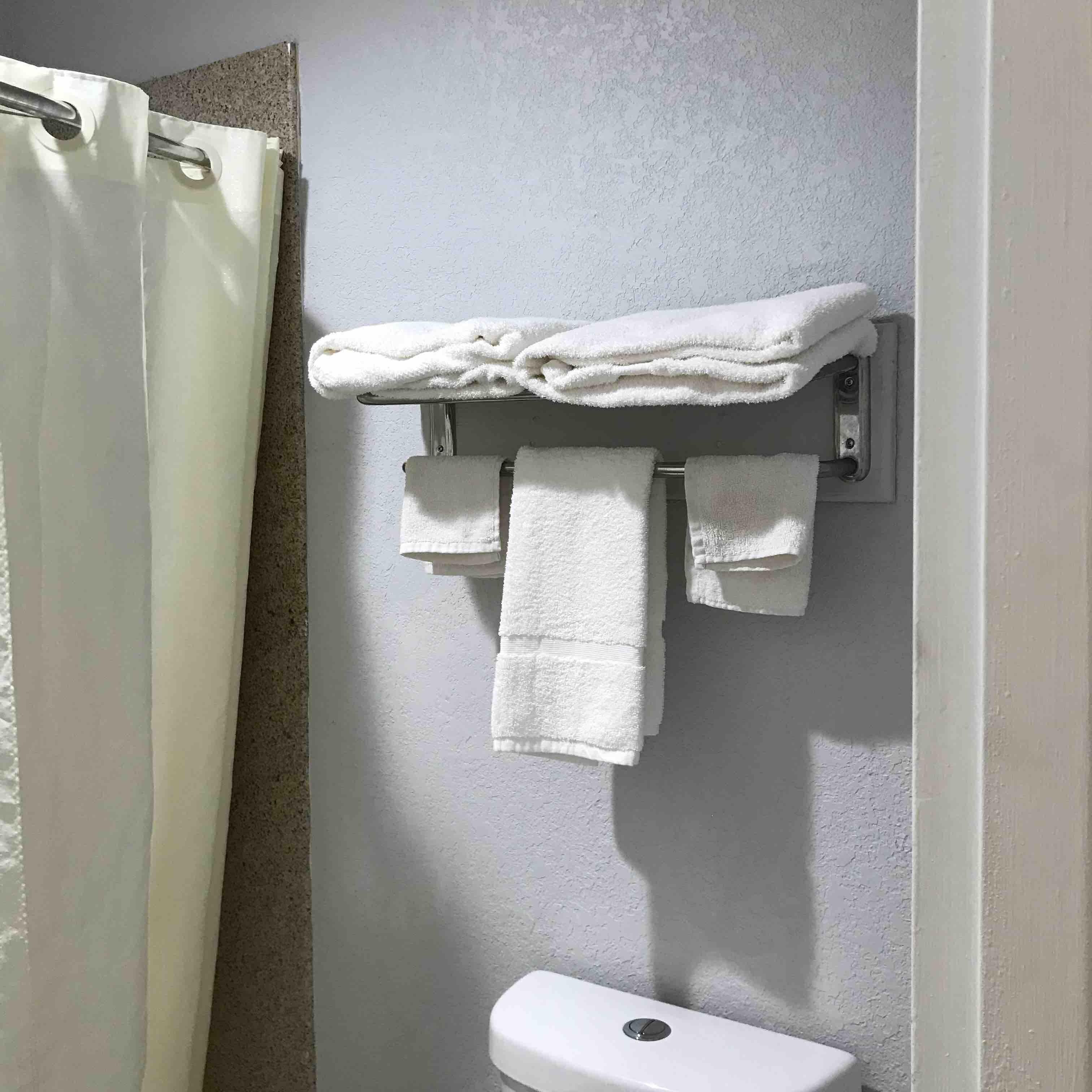 A bathroom with a toilet, a towel rack with folded towels, and a shower curtain.