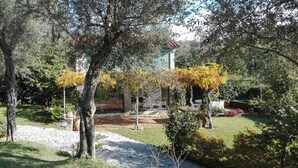 Un jardí amb arbres, una pérgola i seients a l'aire lliure.