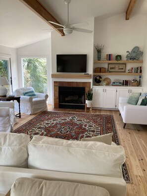 Smart TV, caminetto, libri