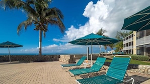 A beachside lounge area with green lounge chairs and umbrellas, a palm tree, and a view of the ocean. - Beach Living at Plantation Village BLGS (Seven Mile Beach)