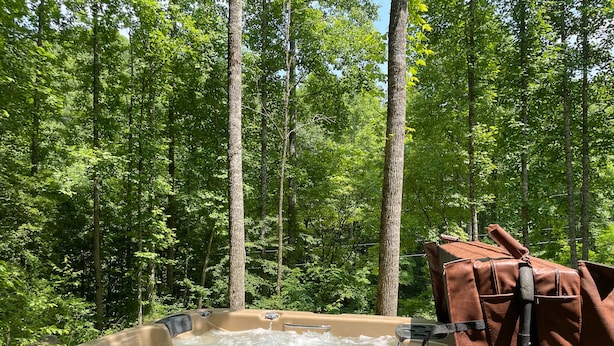A hot tub surrounded by a forest.