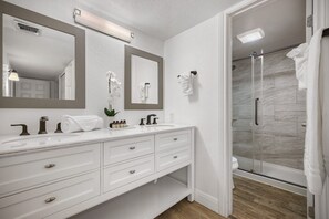 Hair dryer, towels, soap, shampoo