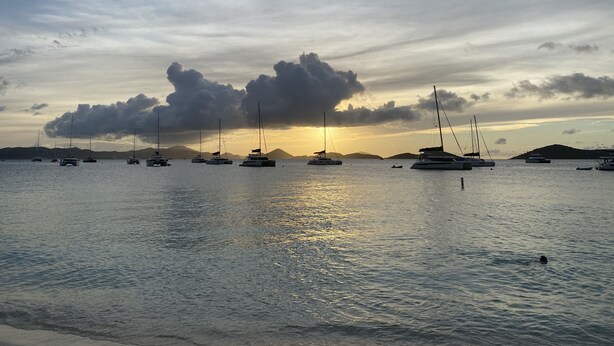 Un puerto deportivo con varios veleros anclados en aguas tranquilas durante el atardecer.