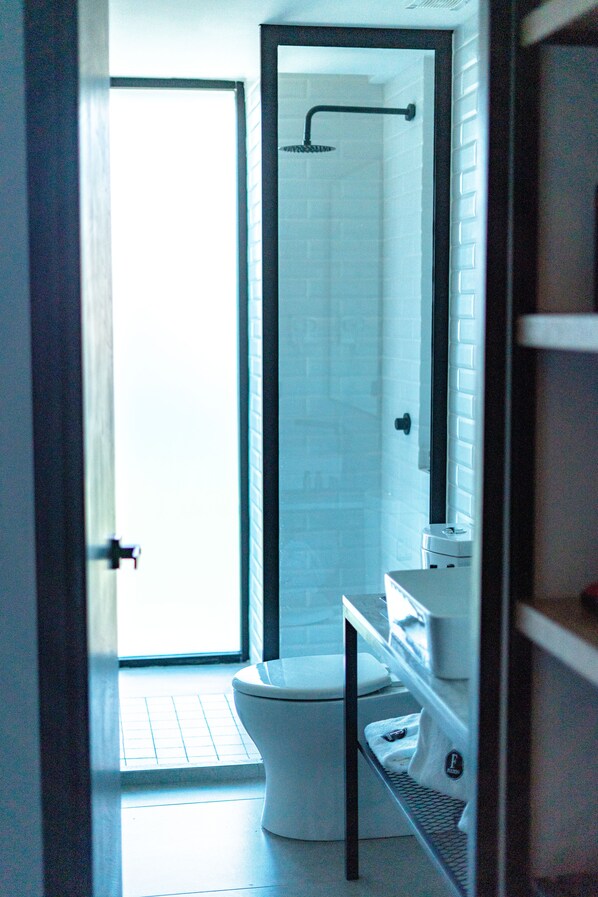 A bathroom with a toilet, a shower, and a sink. - Fulton Business Luxury Hotel (Guadalajara)