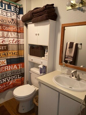 Une salle de bain comprenant des toilettes, un lavabo, un miroir, un porte-serviettes et un rideau de douche avec un motif imprimé.