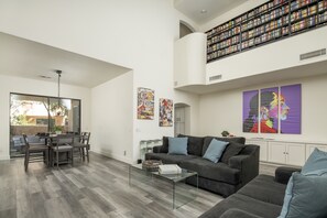 Smart TV, fireplace, books