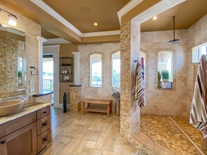 Combined shower/bathtub, hair dryer, towels