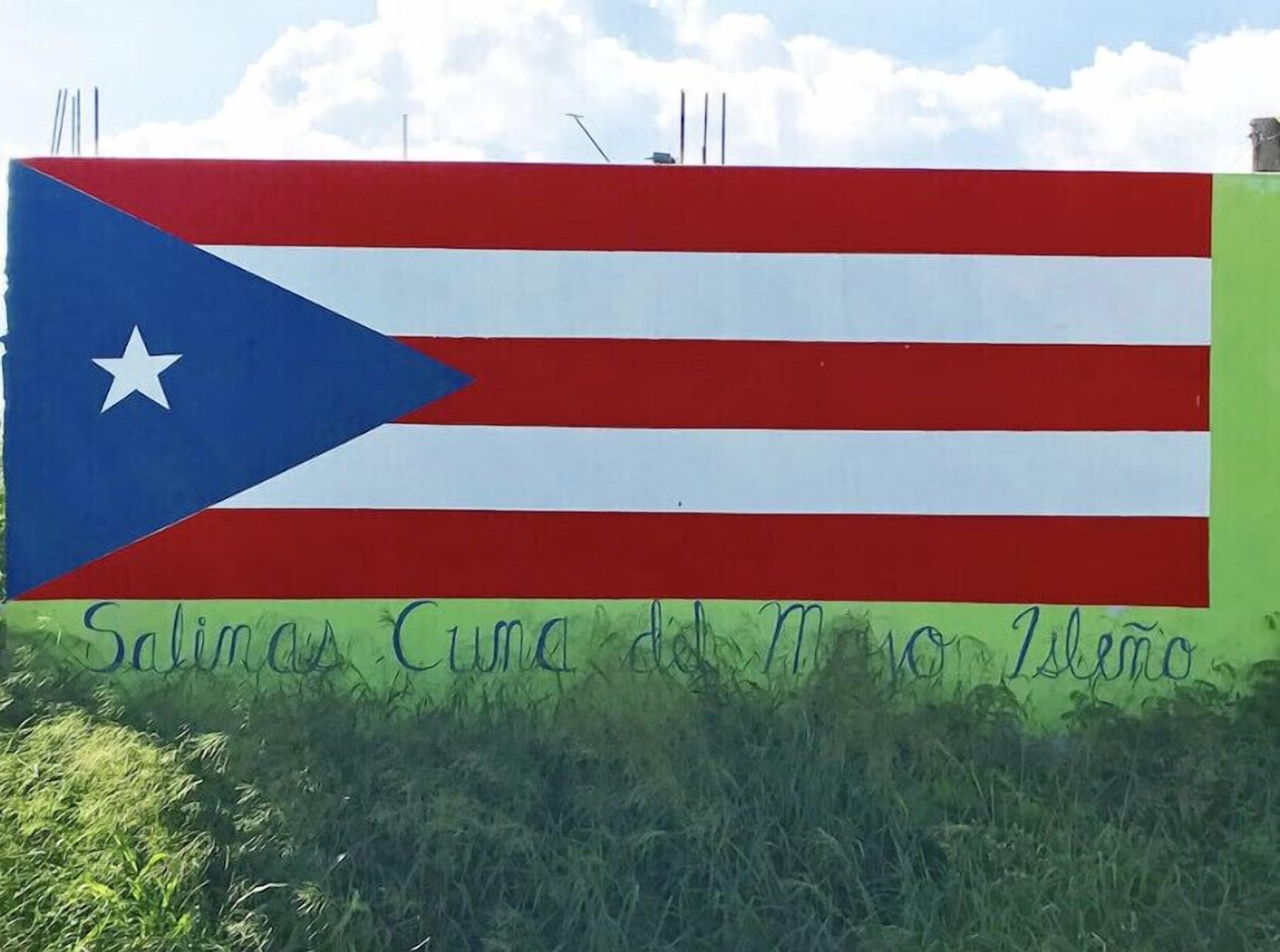 A large flag with horizontal stripes and a blue triangle with a white star on the left.