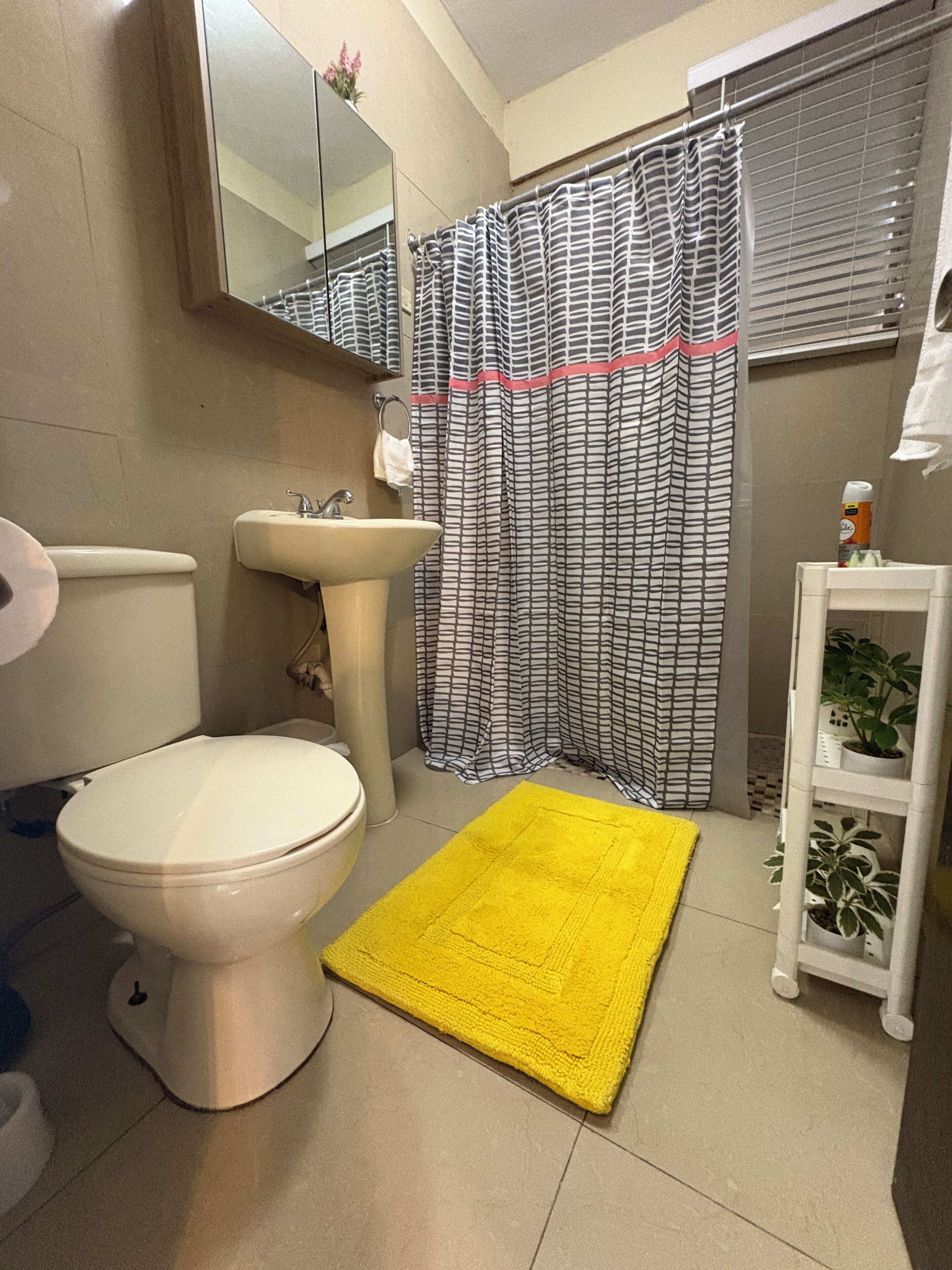A bathroom with a toilet, sink, and shower curtain.