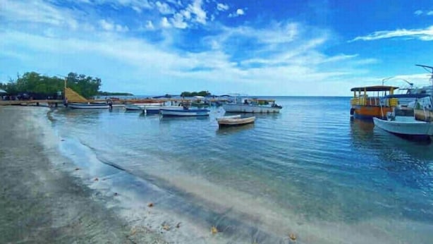 A beach with boats docked in calm waters, a clear sky, and a sandy shore.