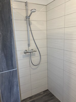 Regadera, toallas, jabón, papel de baño