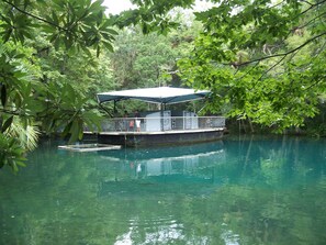 A boat docked at a pier surrounded by lush greenery. - 2,2 Stilted House on private peninsula. Renovated June '23.  (Homosassa)