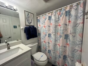 Combined shower/tub, hair dryer, towels