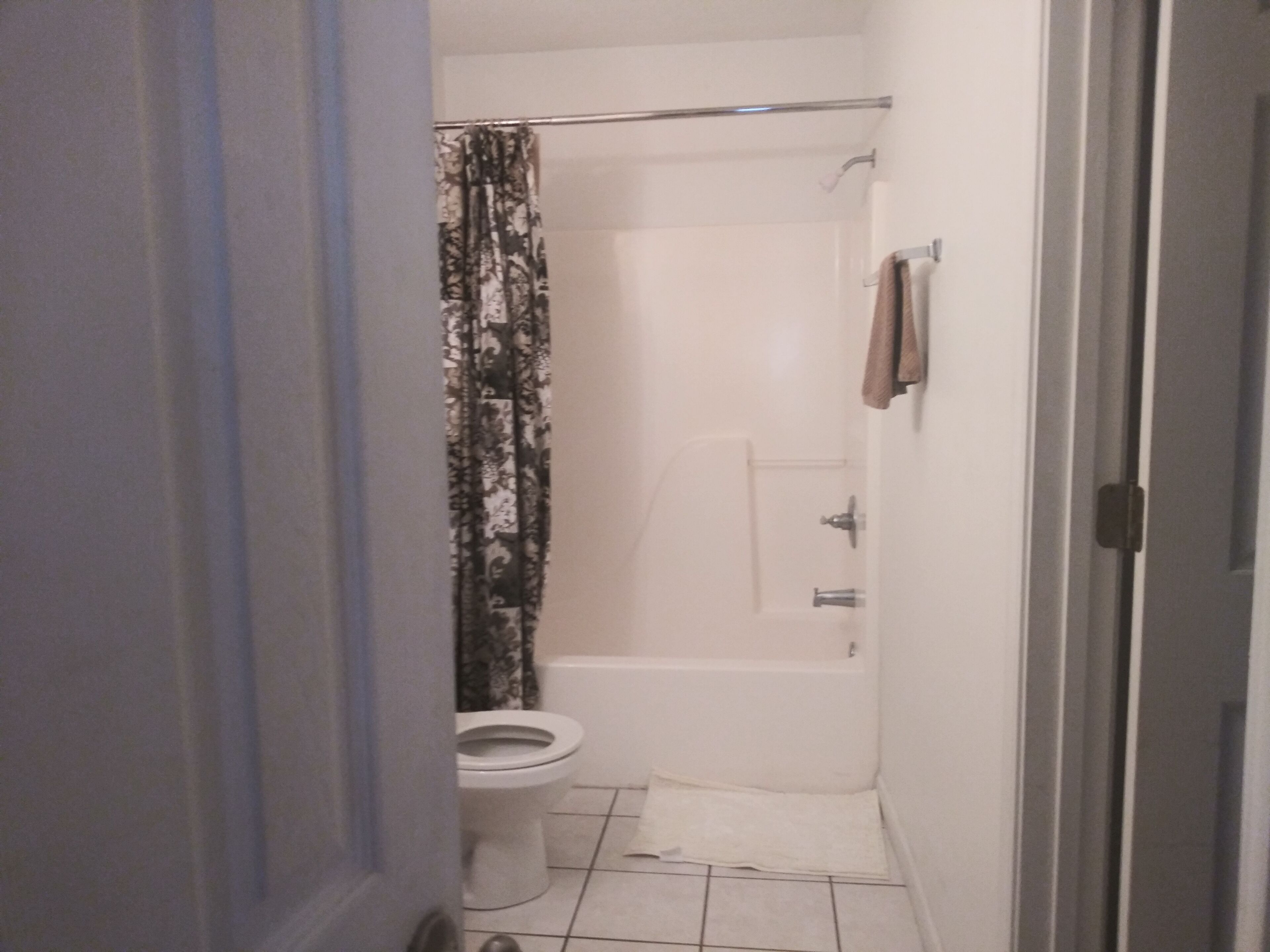 Ducha y bañera combinadas, secador de pelo, toallas y jabón